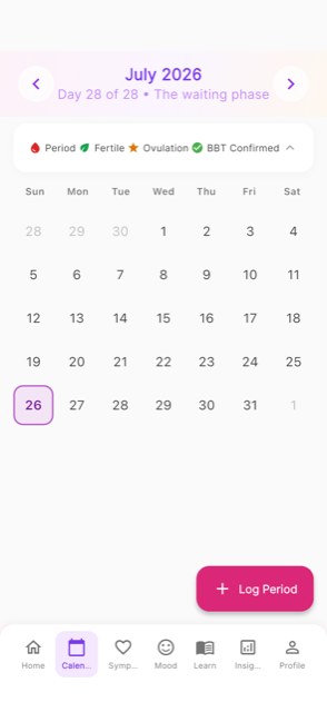 Lova calendar view showing menstrual cycle history